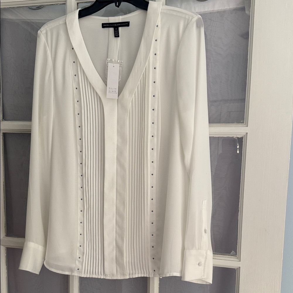 White House Black Market White Blouse with Pleated Design